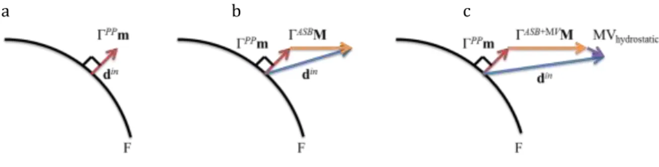 Fig. 2.17 Schematic representation of the evolution of yield direction (a) before ASB initiation (b) during  ASB formation (c) in the presence of micro-voids (MV) in the wake of ASB