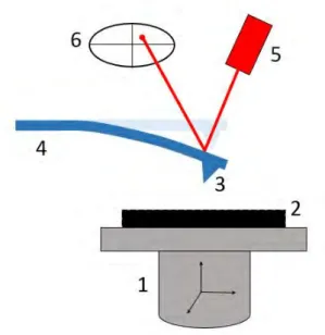Figure 3.1: Schematic of the AFM parts: 1. Piezoscanner 2. Sample 3. Tip 4. Cantilever 5