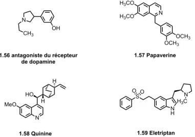 Figure 1.13. Exemples de cibles thérapeutiques dérivées de pyrrolidines, isoquinoléines,  quinoléines et indoles