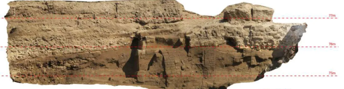 Fig. 9. Bordure nord-est de la fosse de fondation ptolémaïque. Vestiges de murs de briques et de niveaux de destruction (Ancien Empire ?) (J