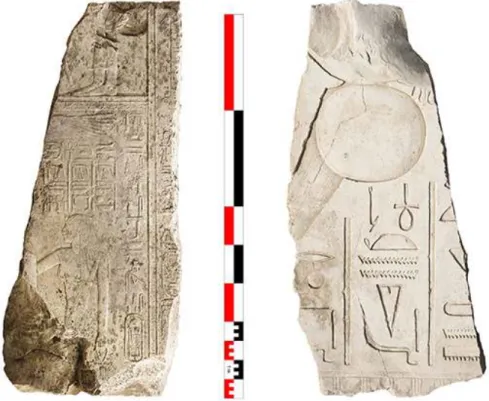 Fig. 10. Élément de paroi décoré sur ses deux faces opposées au nom de Montouhotep III (à gauche) et au nom d’Amenemhat I er  (à droite) (É