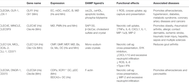 TABLE 1 | C-type lectin-like receptors sensing DAMPs.