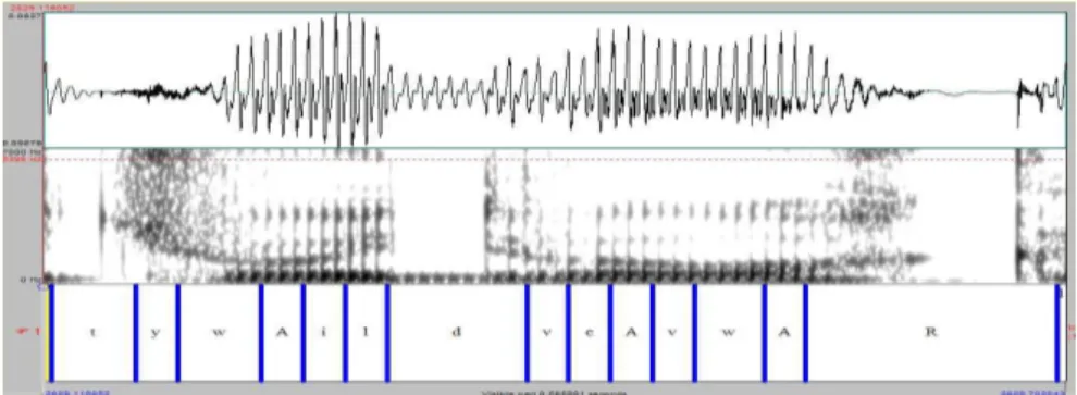 Figure 2 : exemple de conglomérat &#34;tu vois il devait avoir&#34;, transcrit  [tywAildveAvwaR]