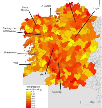 fig. 4 – Map of vacant housing in Galicia in 2011 (%). Colour figure available online.