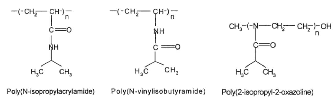 Figure 3 Chemical structure of the repeat units of poly(N-isopropylacrylamide) (PNIPAM), poly(N-vinylisobutyramide) (PNVIBA), and poly(2-isopropyl-2-oxazoline) (PIPOZ).