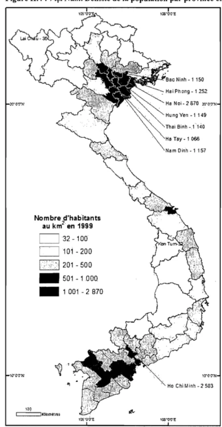 Figure II.4 :  Vift Nam.  Densité de la population par province en  1999 