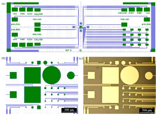 Figure 2.6:  (a) The device layout and (b) a zoom in, in the active area. For the square electrodes sizes  scale from 10 μm to 500 μm