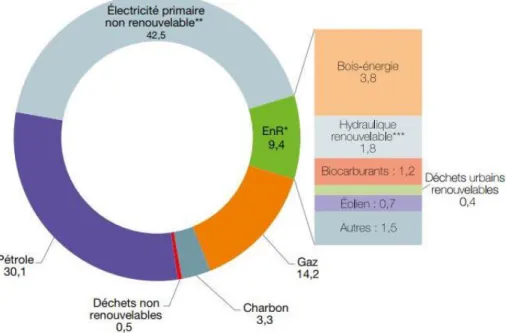 Figure i-1- Répartition de la consommation d’ énergie primaire en France métropolitaine - données 2015-  Source : SOeS, Chiffres clés de l'énergie 2016