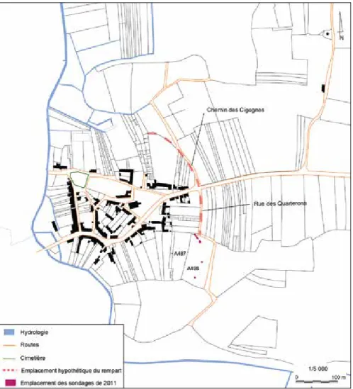 Figure 5 : le bourg de Vue d’après le cadastre de 1836 ; emplacement hypothétique du rempart et loca- loca-lisation des sondages archéologiques (D Ao  J.-.P