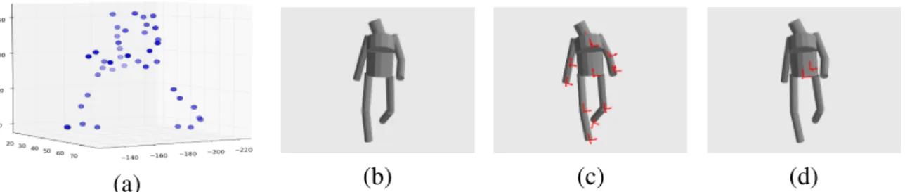 Figure 1.1: C3D frame (a) and body cylindric model(b) with 11 CCS (c) and 2 DCS (d)