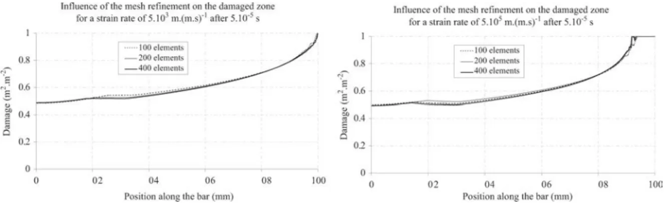 FIG. 6. Damage along the bar for the model in shear direction—influence of the mesh and of the strain rate.