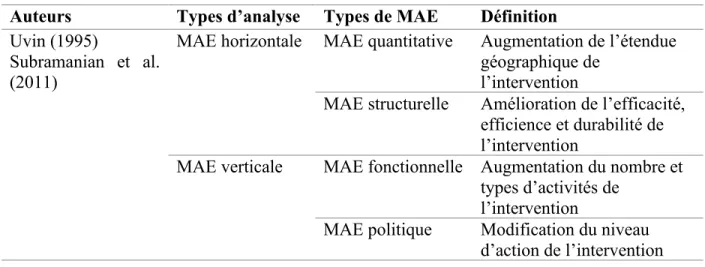 Tableau 6. Types d’analyse de la mise à l’échelle identifiés dans la littérature  Auteurs  Types d’analyse  Types de MAE  Définition  Uvin (1995) 