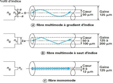 Figure I.4 : Profil de l’indice de réfraction pour les trois types de fibres optiques  conventionnelles (fibre multimode à saut d'indice, fibre multimode à gradient d'indice et fibre 