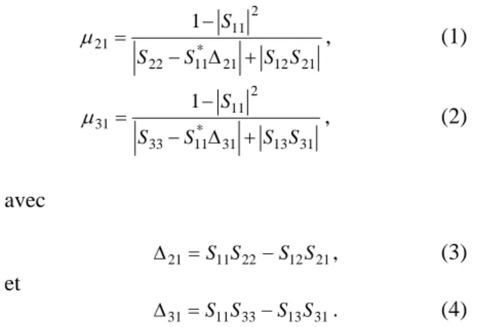 Figure  6.  Facteurs de stabilité µ 21  et µ 31  des  branches 1-2 et 1-3 du Balun simulé