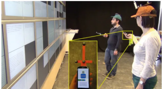Figure 3a) shows a sending user (left, in blue) who picks an item on the wall using her mobile device, then points to the target user (in green) and sends him the selected item