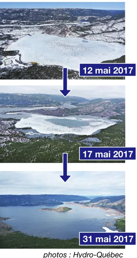Figure 1.5. Photographies aériennes du retrait graduel de la couverture de glace dans une  baie  du  réservoir  Romaine  3  prises  à  20  jours  d’intervalle