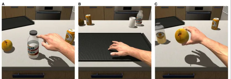 FIGURE 5 | Illustrative use cases: (A) getting in contact and tapping a virtual bottle, (B) touching a surface and feeling its texture, and (C) hefting an object and feeling its weight.