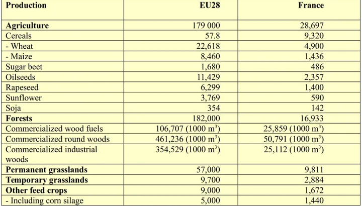Table  3. Surfaces (in units of 1000 ha) devoted to agricultural and forestry production in EU28 (DG   Agriculture   and   Rural   Development   of   the   European   Commission,   2016;   2018)   and metropolitan France (Agreste 2017-2018)