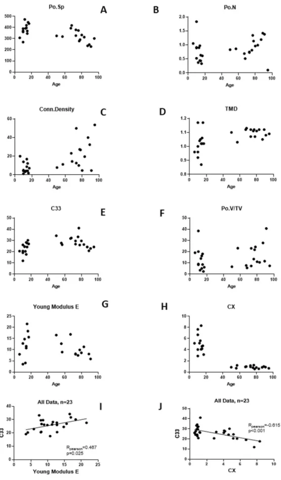 Figure 4.  Graphs depending on age of (A) porosity separation Po.Sp (µm), (B) porosity number Po.N (1/mm), (C)  connectivity density Conn.Density (1/mm 3 ), (D) tissue mineral density TMD (g/cm 3 ), (E) traction–compression stiffness  coefficient   C 33  (