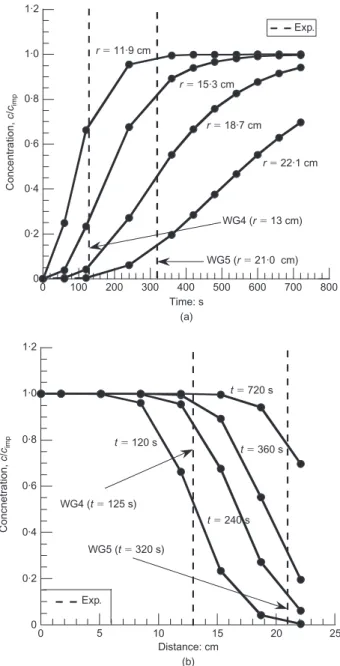 Fig. 9. Evolution of the concentration profile with (a) time and (b) distance from the injection point
