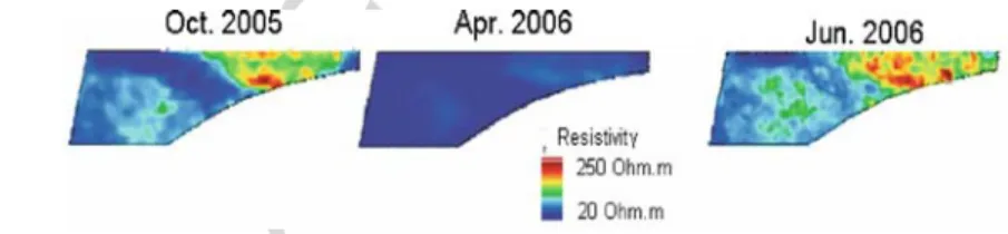 Fig. 7.2 Resistivity maps for three dates showing the impact of water saturation in soils on electrical resistivity (Besson et al., 2008)