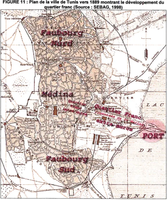 FIGURE 11: Plan de la ville de Tunis vers 1889 montrant le développement du quartier franc (Source: SEBAG, 1998)