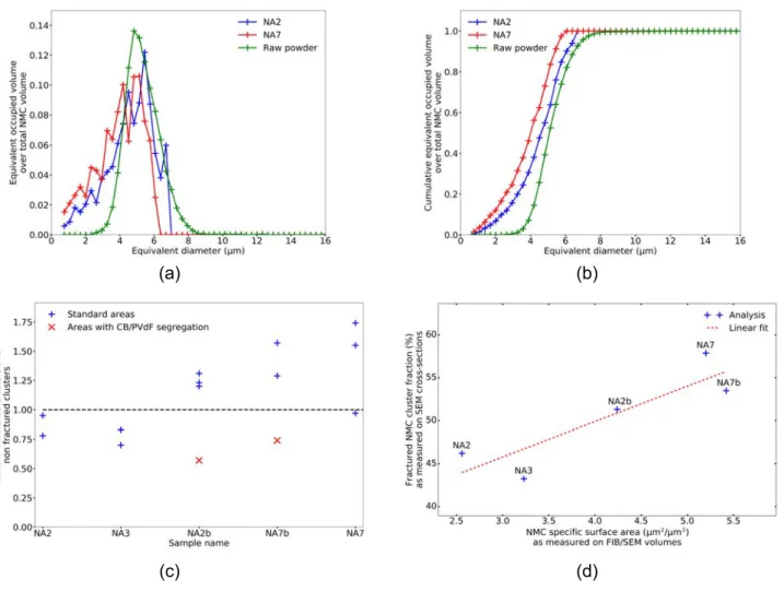 Figure 2: (a) NMC cluster volume distributions as a function of the equivalent cluster diameter (raw powder and NA2 and NA7 electrodes)