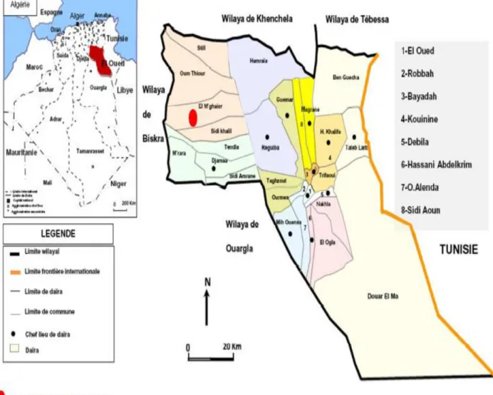 Figure 13 : Situation géographique de la région d’étude (P.D.A.U.Wilaya d’El Oued,  1997 cité par Boubir et Farhi, 2009) 