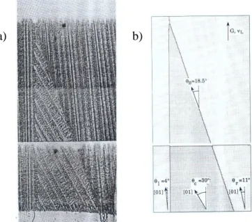 Fig.  II.16 :  a)  Assemblage  de  trois  images  par  Gandin  et  al.  [Gan94]  d’une  séquence  vidéo  réalisée  par  Esaka  [Esa86]  montrant  la  compétition  de  croissance  de  trois  grains  colonnaires