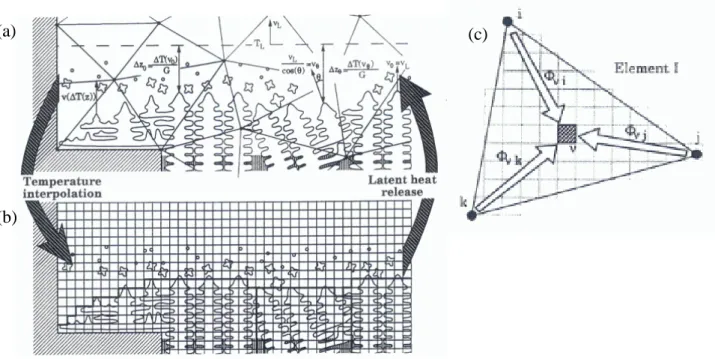 Fig.  II.27 :  Schéma  du  couplage  CAFE  élaboré  par  Gandin  et  Rappaz  [Gan94].  Le  maillage  en  éléments  finis  du  domaine  se  solidifiant  est  représenté  en  (a)  et  le  réseau  de  cellules qui s’y superpose en (b)