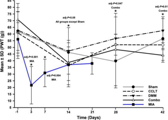 Figure  2:  Paw  withdrawal  threshold  (PWT)  (mean  ±  standard  deviation))  of  the  right  hind paw by day (D)