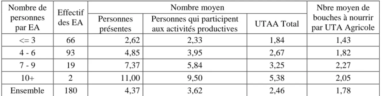 Tableau 5 : Actifs agricoles et nombre de bouches à nourrir selon la taille démographique  Nombre de 