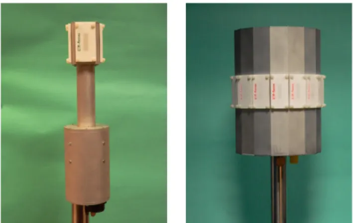 Fig. 1.  UCA 4-elements transmitter (left) and 16-elements receiver (right).  