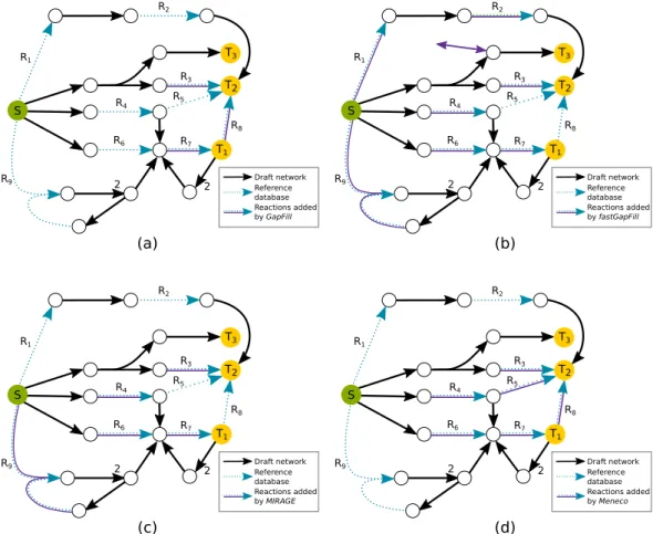 Figure 1.15: Gap-filling of metabolic networks with different heuristics