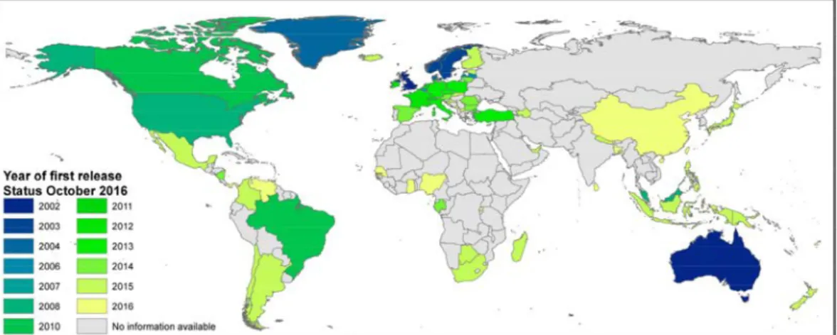 Figure 2.8 – Global distribution of first releases of UAV regulations on country level resolution (status: October 2016), from [55]