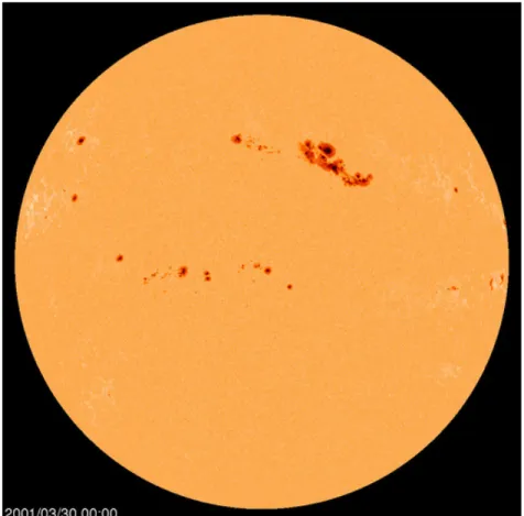 Figure 1.1 – Image en lumière visible prise le 30 mars 2001 par le Michelson Doppler Imager (MDI) sur le SOlar and Heliospheric Observatory (SOHO)