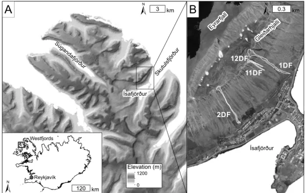 Figure 2. South-east flank of the Eyrarfjall mountain above the town of Ísafjörður showing the four debris-flow tracks analysed for this study (debris flow 2DF in (A), debris flows 1DF, 11DF and 12DF in (B))