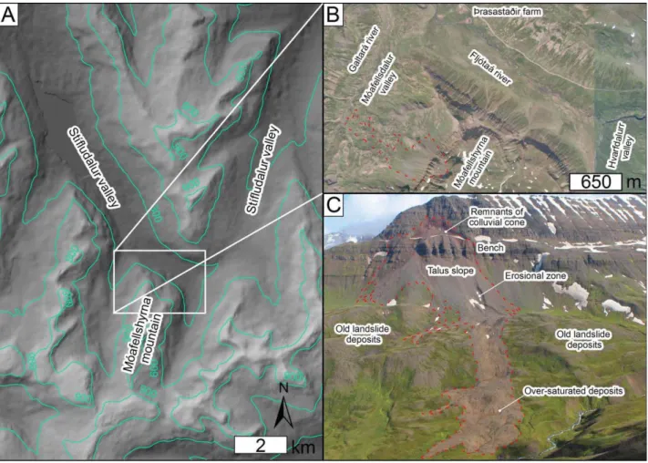 Figure 3 – Geographical setting of Móafellshyrna mountain (see Fig. 1 for location). (A) Hillshaded digital 