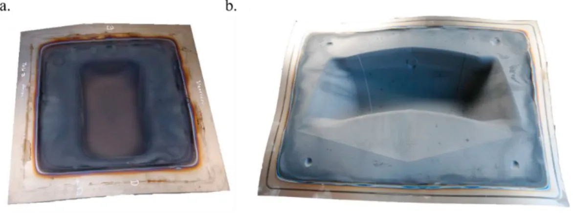 Figure 4: Examples of sheets of 500x500 mm 2  (a.) and 1500x1000 mm 2  (b.) formed by superplastic forming using Infra-Red lamps