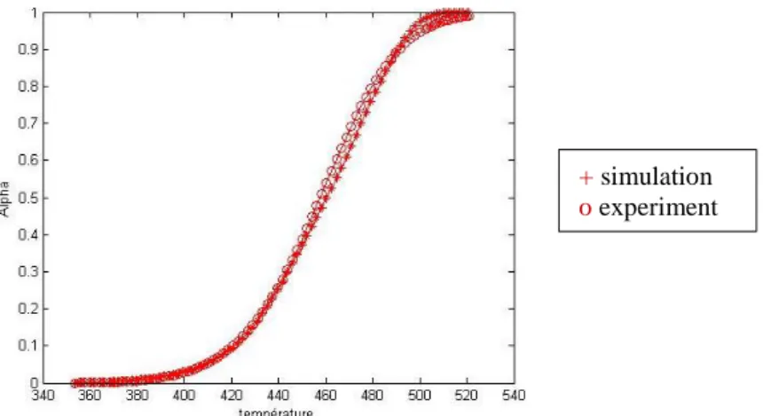 Figure 4. Comparison between experimental measurement and simulation of the M21EV/IMA kinetic  behaviour at 1 K/min 