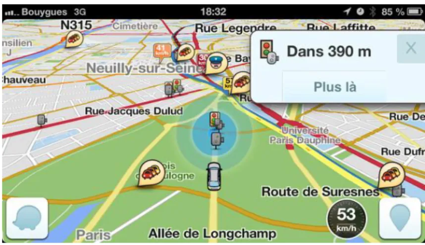 Figure 9 : Interface cartographique de l’application mobile Waze (Waze - 2016) 