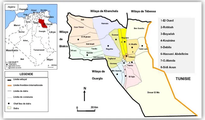 Figure 1    : Carte représentative de la région du Souf (P.D.A.U., 2018)  1.1-Facteurs écologiques du Souf 