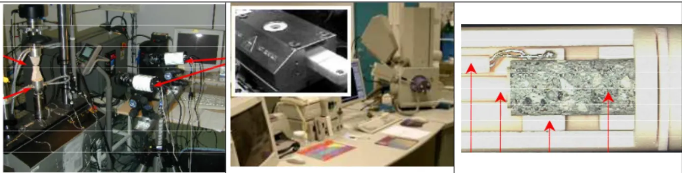 Fig. 3. Helpful test types to complete mechanical tests when studying monolithic castables: a) digital  image correlation (DIC), b) in-situ high temperature environmental scanning microscopy (in-situ 