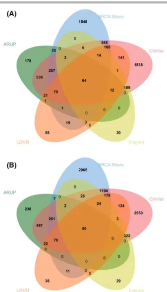 Figure 2. Venn diagram showing sharing of (A) BRCA1 and (B) BRCA2 variants between collections.