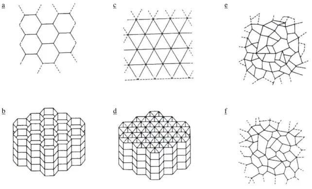 Figure  1.14 Le modèle de Mosaïque en deux et trois dimensions ; (a) et (b) les modèles 2D et 3D déterministes  de  forme  hexagonale ;  (c)  et  (d)  les  modèles  déterministes  de  forme  triangulaire ;  (e)  et  (f)  les  modèles  2D  stochastiques.[25