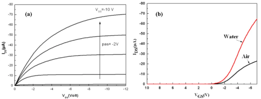 Fig. 3. Electrical characteristics (a) output characteristic in air; (b) Comparison of transfer characteristics with air or with water