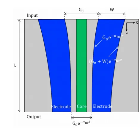Fig. 6 : Modified CMS strips shape and gap to pre-emphasize the electric field along the propagation direction z.