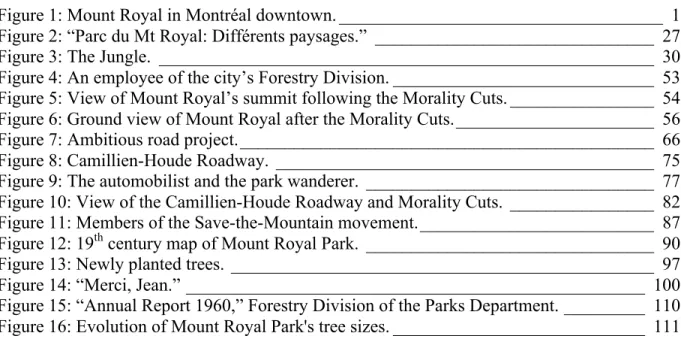 Figure 1: Mount Royal in Montréal downtown. ____________________________________  1  Figure 2: “Parc du Mt Royal: Différents paysages.”  _______________________________  27  Figure 3: The Jungle