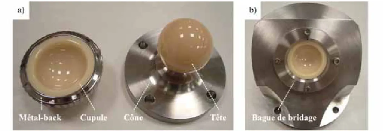 Figure II.6 : Montage des cupules et tˆ etes alumine. a) Assemblage m´ etal-back-cupule et cˆ one-tˆ ete.