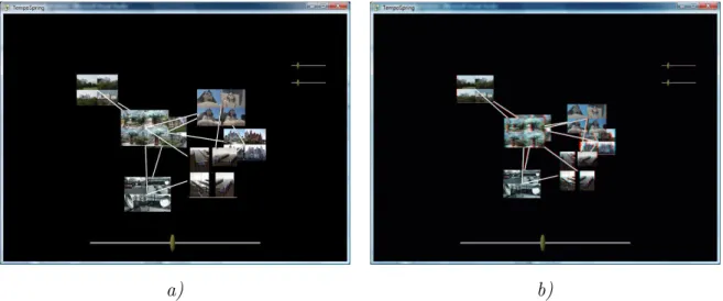 Figure 6: Screen capture of the application in a) normal view and b) anaglyph view. The two sliders bar on the right of the screen permit respectively to manage the power of the Coulomb force and of the Hooke force